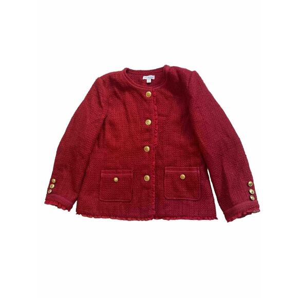 Joan Rivers Red Blazer Woven Jacket Size 10 Gold Button Parisian Chic Wool Crop - Picture 3 of 7
